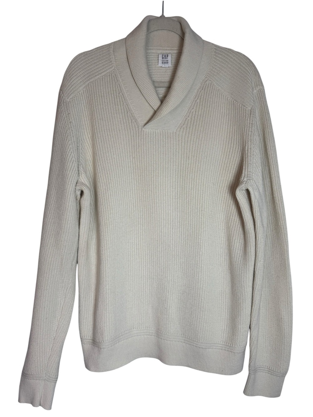 GAP Men's 100% Cotton Cream V-Neck Shawl Large Sweater